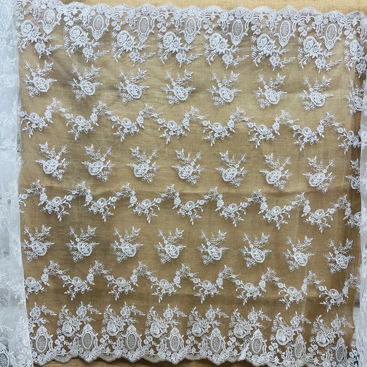 1 Yard Corded Bridal Lace Fabric Embroidered on Polyester Net Mesh for Dresses 49" Width